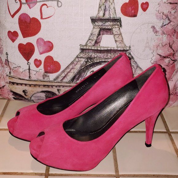 STUART WEITZMAN $398 HOT PINK MAGENTA SUEDE HIDDEN PLATFORM PUMPS 8.5 - Picture 13 of 14